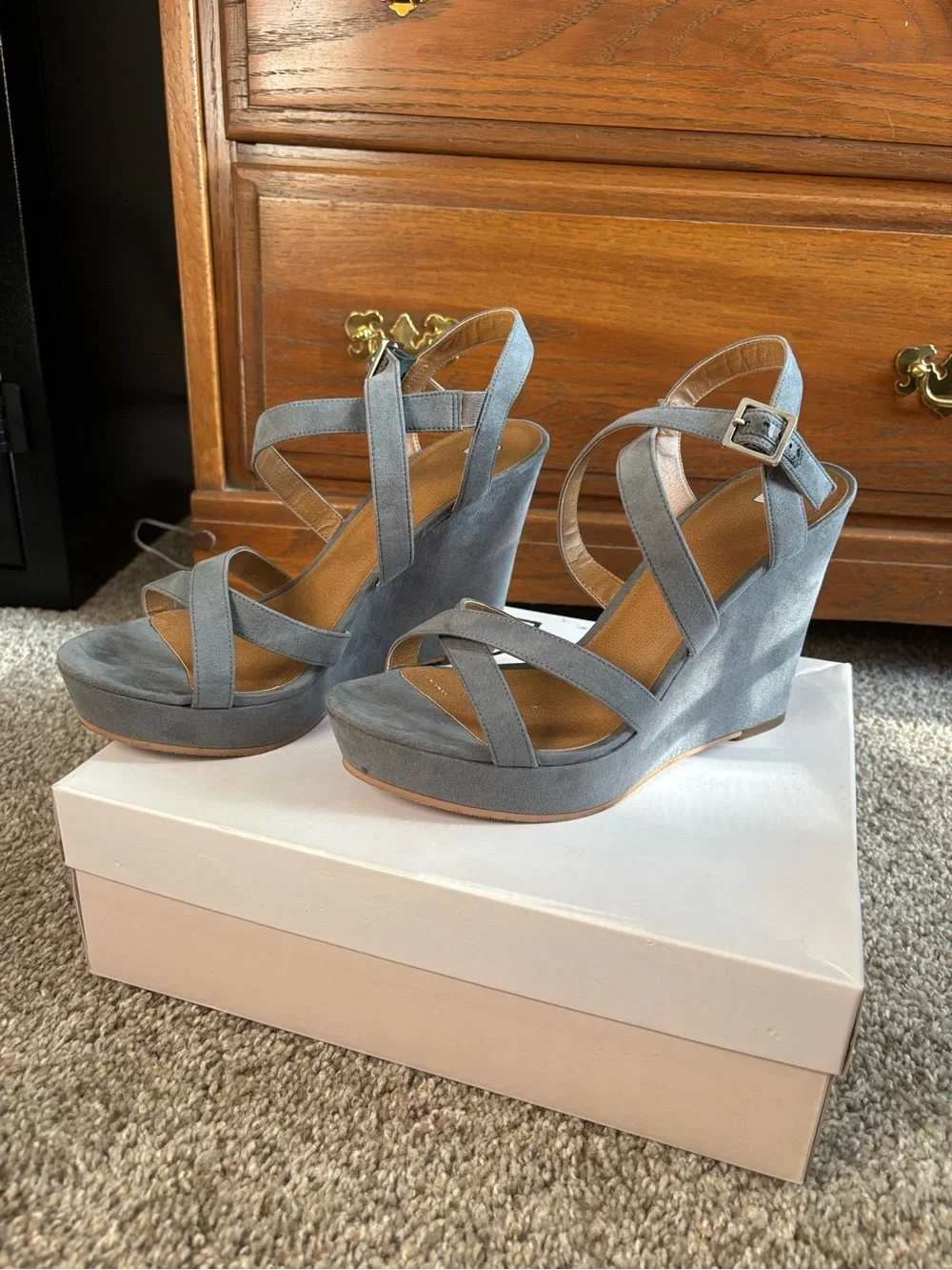 Strappy Gray Suede Wedge Sandals - Women's